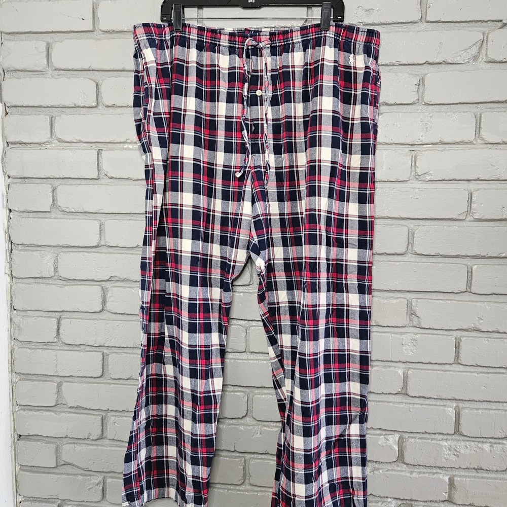 Polo Ralph Lauren Mens XL Plaid Flannel Pajama Pants Navy Blue Red Cotton Sleep